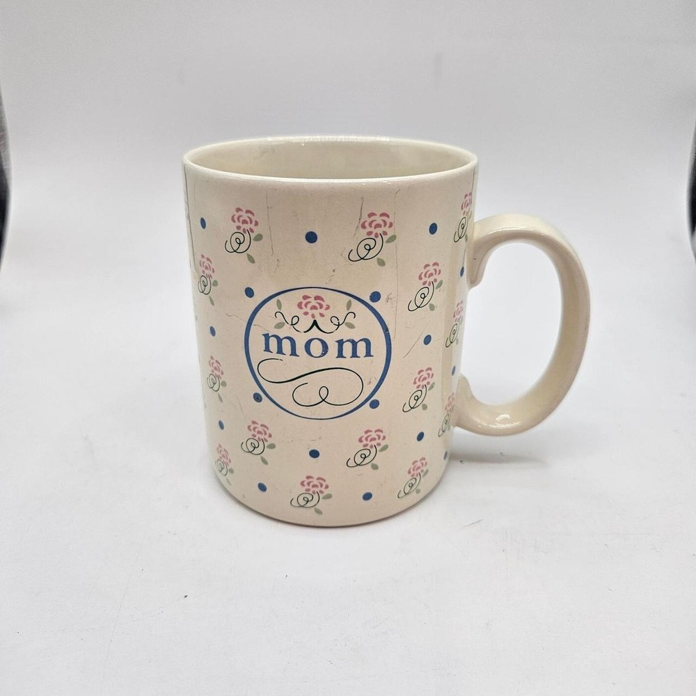 Vintage 1987 Message Mugs Mom Floral Polka Dot Ceramic Coffee Cup Cream